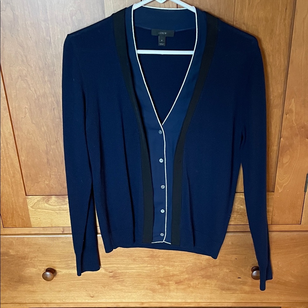 J. Crew Merino Wool Ribbon Front Navy Career Cardigan with Black and White Trim